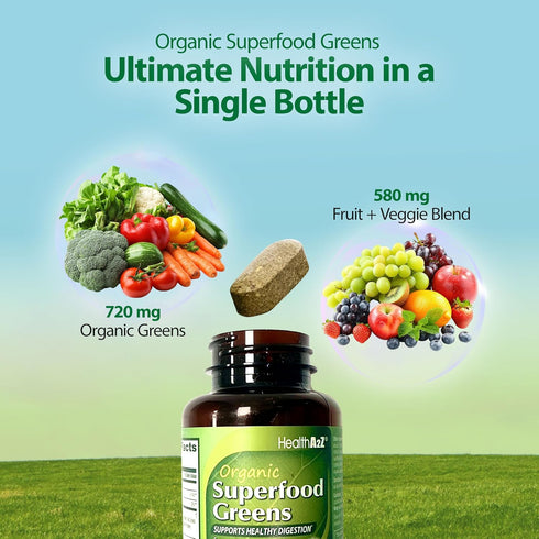 HealthA2Z 60 720mg 580mg Organic Superfood Greens | Tablets | Greens Blend | Fruits & Veggies Blend | Alfalfa