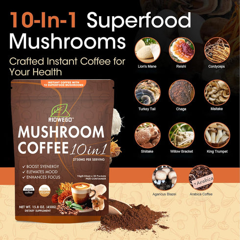 RIOWEGO Powder,10-in-1 Immunity, Focus-30 Mushroom Coffee Mushroom Superfood Adaptogen Mix-Organic Lion's Mane, Chaga