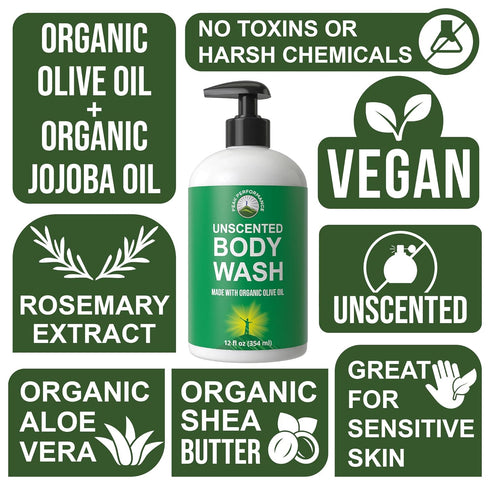 Ultra Pure Body Wash Made with Organic Ingredients - Aloe Vera, Olive Oil, Jojoba, Coconut Oil, and Shea Butter,