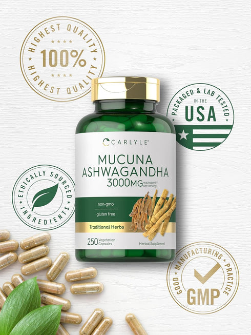 Carlyle Mucuna with Ashwagandha, 3000mg, 250 Capsules, Vegetarian, Non-GMO, Gluten Free
