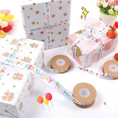 MAMUNU 3 Rolls Happy Birthday Ribbon, 3/5" and 1" Wide White Satin Polyester Ribbon for Gift Wrapping, 30 Yards