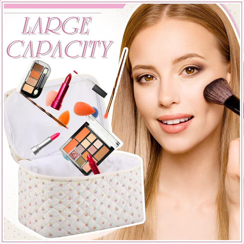 3 Pieces Cotton Quilted Makeup Bag Set, Aesthetic Travel Toiletry Bags, Cute Kawaii Pouch for Women