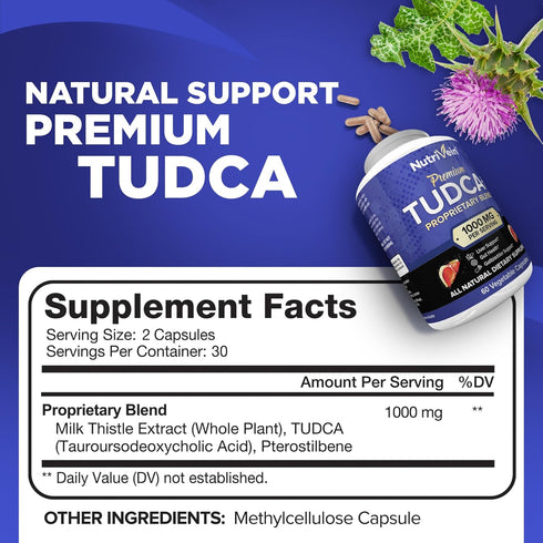 Nutrivein TUDCA+ Liver Support Supplement 1000mg - Liver Detox and Cleanse for Liver Health - 30 Day Supply (60 Capsules, Two Daily)