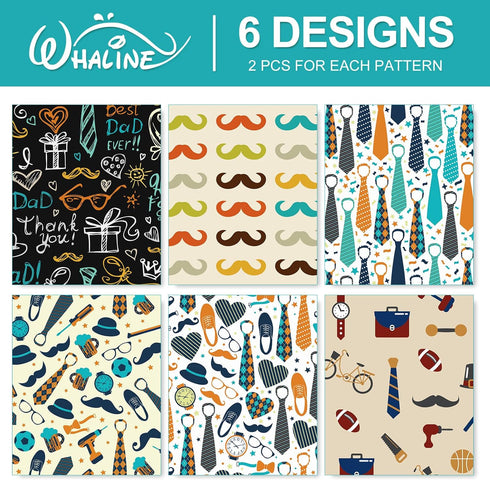 Whaline 12 Sheet Father's Day Wrapping Paper, Necktie Mustaches Watch Print for I Love You Dad Art Packaging, 19.7x27.6
