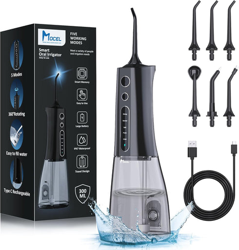MOCEL Water Dental Flosser Cordless Teeth Cleaning with 5 Modes, 300ML Portable, USB C Rechargeable, IPX7 Waterproof