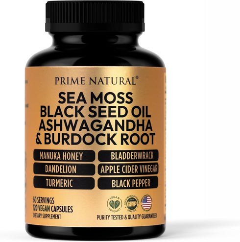 120 Capsules Sea Moss 3000mg, Black Seed Oil 2000mg, Ashwagandha 1000mg, Turmeric 1000mg, Vegan