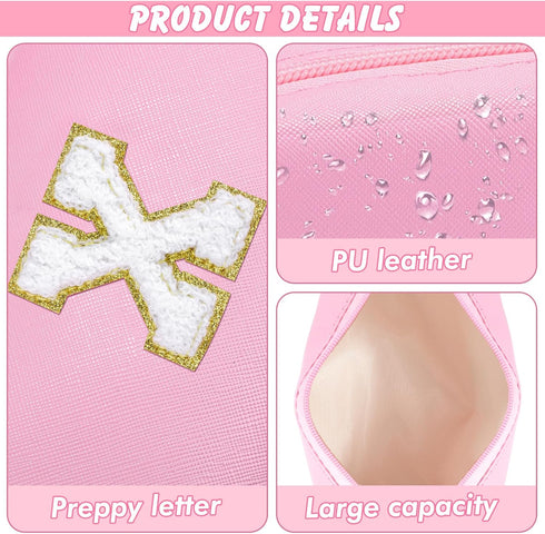 Initial Makeup Bag Personalized Preppy Travel Small Cosmetic Bag, Cute PU Pink Chenille Letter Pouch for Women