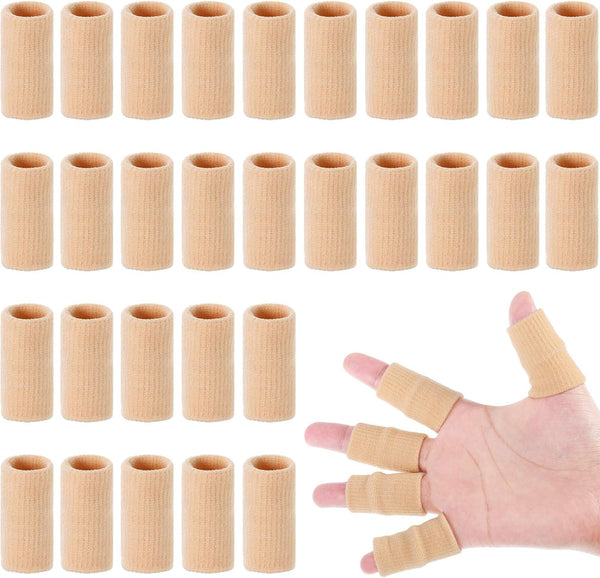 Skylety 30 Pieces Finger Sleeves with Storage Bag, Thumb Splint Brace Support for Pain Relief, Beige