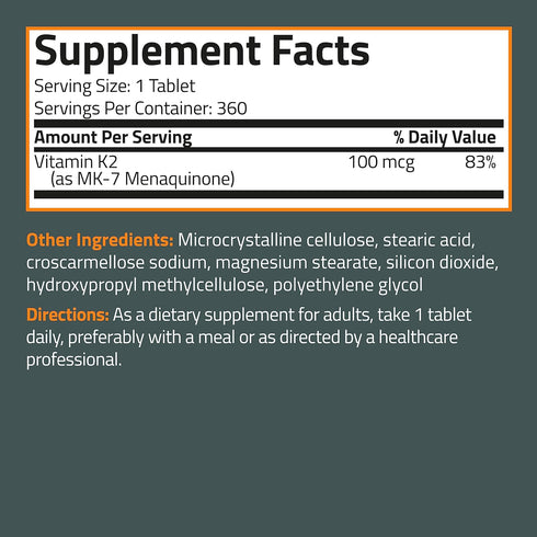 Bronson Vitamin K2 MK-7 100 MCG, 360 Tablets - Bone Support, 1 Year Supply of K2 as MK7 Menaquinone