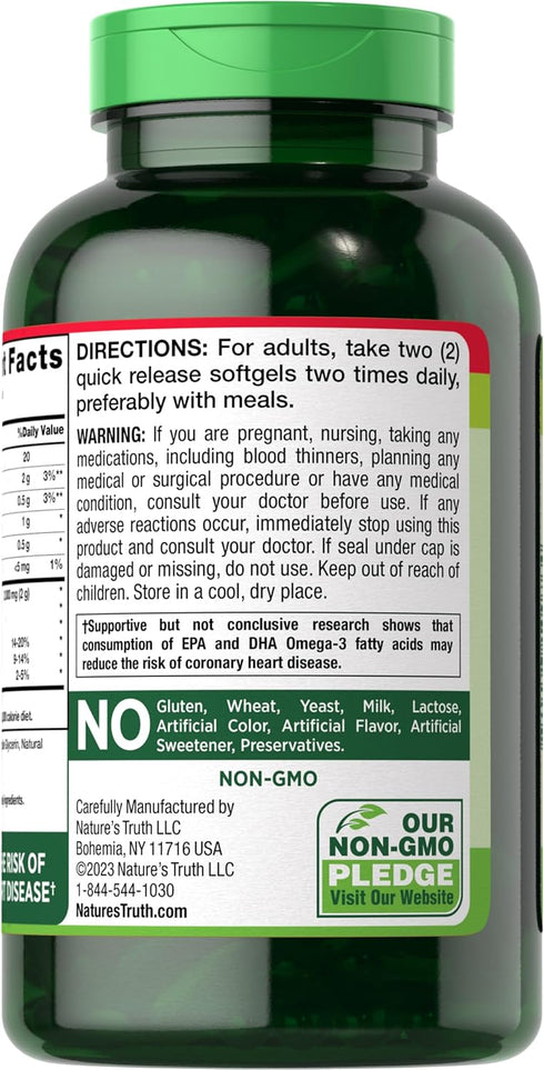 Nature's Truth Burpless Fish Oil Pills 2000 mg | 600 mg Omega 3 | 250 Softgels | Gluten Free, Non-GMO Natural Lemon