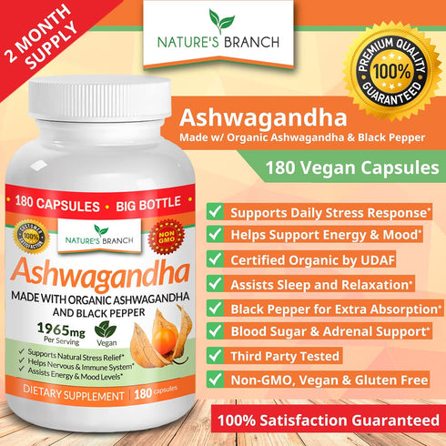 UDAF Certified Organic Ashwagandha with Black Pepper | 180 Capsules, 1965mg Extra Strength for Stress, Sleep, Mood