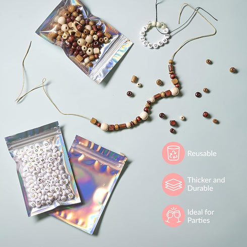 Prestee 100 Pack Mylar Bags 4x6, Resealable Holographic Bags with Window for Food Storage and Small Business