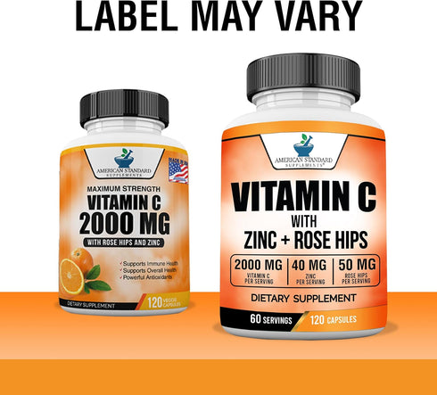 American Standard Supplements Vitamin C 2000mg, Zinc 40mg, Rose HIPS 50mg Per Serving – Vegan, Gluten Free, Non-GMO