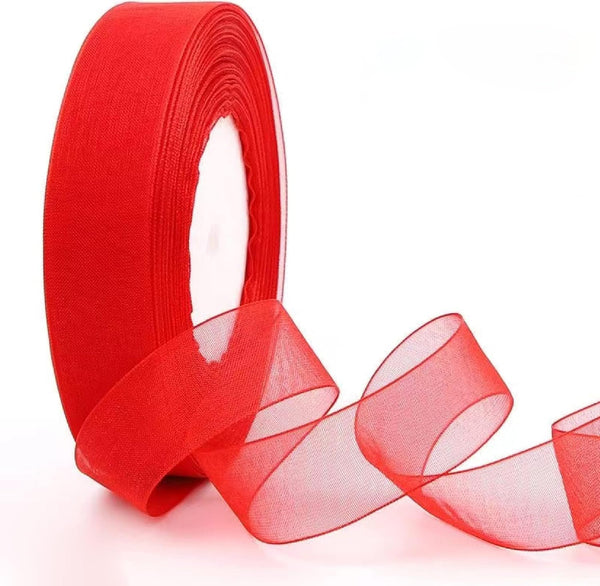 1 Inch Red Organza Ribbon, 50 Yard Sheer Chiffon for Gift Wrapping, Transparent Wired Tulle for Holiday Presents