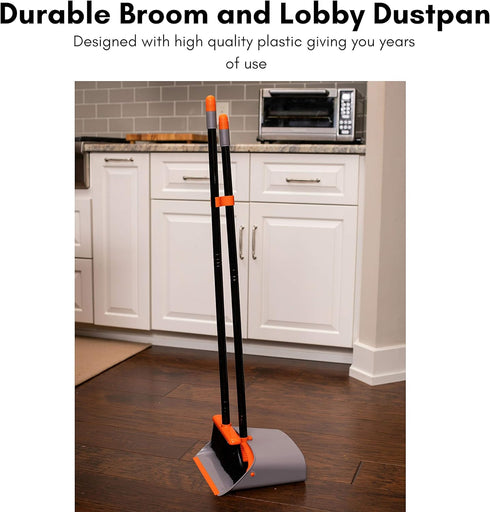 Set Set BirdRock Home Broom and Dustpan - Lobby Dust Pan - Orange and Grey Durable - Indoor or Outdoor - Sweep Combo