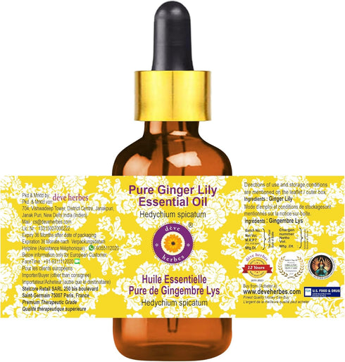 Deve Herbes Pure Ginger Lily Essential Oil - Steam Distilled 30ml (1 oz) with Glass Dropper