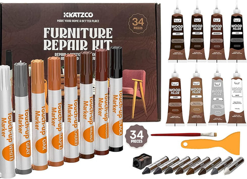 Katzco Furniture Repair Kit Wood Markers - Set of 34 - Markers and Wax Sticks with Sharpener for Stains, Scratches,