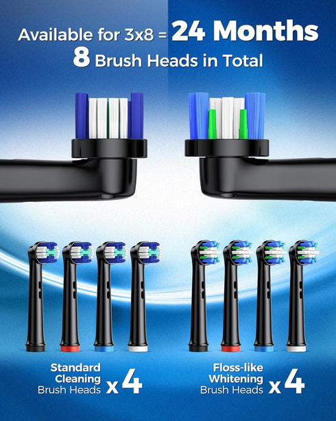 Rotating Electric Toothbrush for Adults with 8 Brush Heads, 4 Modes Deep Clean with Rechargeable Power (Black)