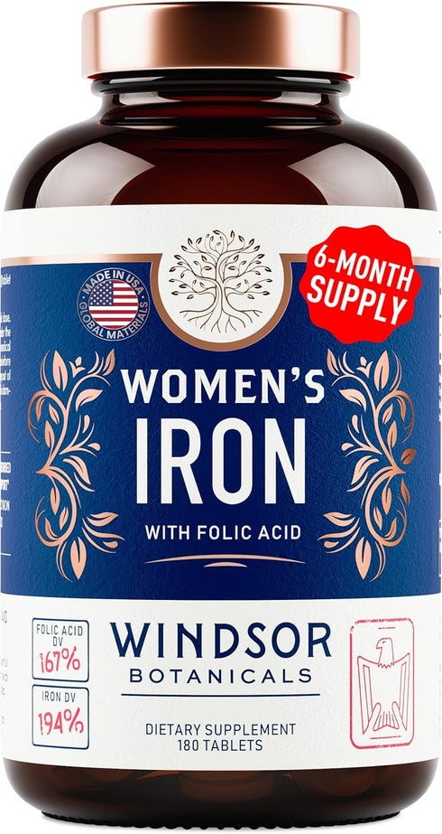 Iron Pills for Women - Iron Supplement with Folic Acid for Anemia, Period, Pregnancy Support - 180 Vegan Tablets