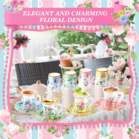 SUMMORO 160 7 OZ Pcs Floral Paper Tea Cups and Saucers Disposable Paper Tea Cups with Handle and Plates for Tea Party