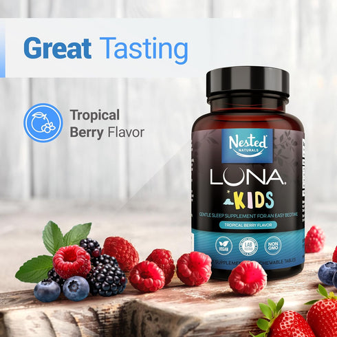 LUNA Kids Sleep Aid Tablets, 60 Chewable Pills, Naturally Sourced Ingredients, Gentle Herbal Supplement for Children 4+