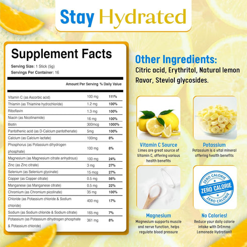 DrEmma Electrolytes Powder, Hydration Packets, Sugar-Free Lime-Lemonade Drink Mix (16 Sticks)