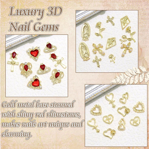 RODAKY 120PCS Gold Nail Charms, 3D Heart Crystal Rhinestone Rose Charms for Luxury Nail Decoration