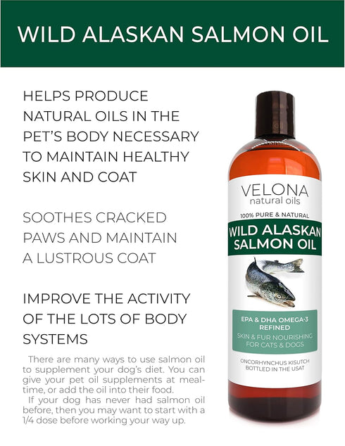 Velona Wild Alaskan Salmon Oil - 8 oz | 100% Pure Refined Oil | for Dogs & Cats - Supports Joint Function | Omega 3 Liquid Food Supplement for Pets - Natural EPA + DHA Fatty Acids for Skin & Coat