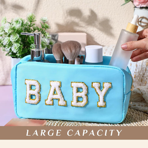 Sanwuta Nylon Cosmetic Bag Pouch, 2 Pieces Chenille Letter Makeup Bag, Zipper Travel Toiletries Bag for Women and Girls