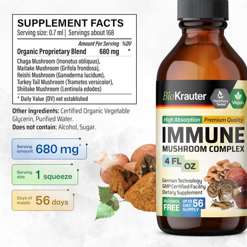 MAUWE HERBS Immune Support Mushroom Supplement 6-in-1 - Organic Liquid Extract Tincture, 4 Fl.Oz.