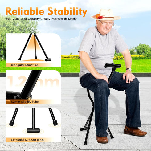 WXLTSGM 3 Portable Walking Stick, Folding Cane Chair with Seat Non-Slip Legged Portable Elders Travel Hiking Chair
