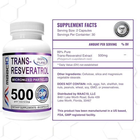 MAAC10 Trans Resveratrol 500mg Supplement, 60ct, Micronized Pharmaceutical Grade with BioPerine for Absorption
