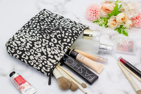 Makeup Bags for Purse, Large Zipper Cosmetic Pouch, Travel Canvas Make Up Organizer Tool Pouch for Women, Leopard Black
