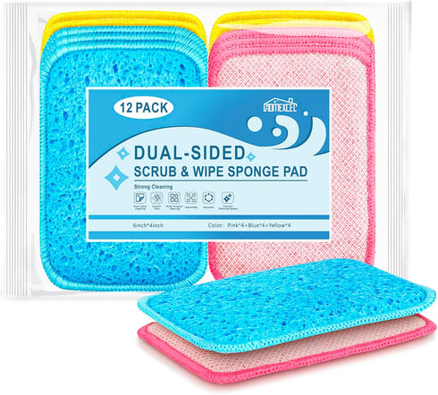 12 Pack Scrub & Wipe Cloths, Dual-Sided Sponges for Kitchen, All-Purpose Cloth for Dishes, Pots, Pans