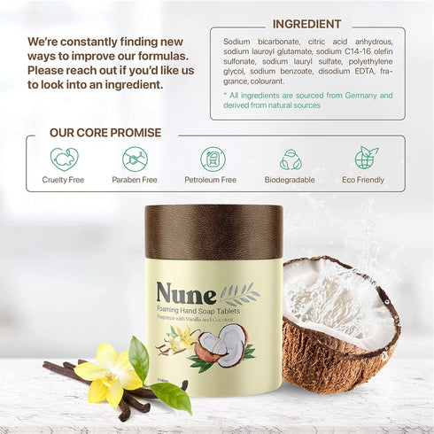 Nune Foaming Hand Soap Tablet Refills - 6 Pack - 48 fl oz total, Natural Moisturizing Coconut & Vanilla Foaming Soap