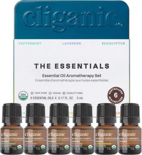 Cliganic Organic Aromatherapy Essential Oils Set (Top 6 - The Essentials), 100% Pure Natural - Peppermint, Lavender,