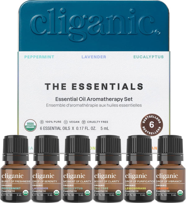 Cliganic Organic Aromatherapy Essential Oils Set (Top 6 - The Essentials), 100% Pure Natural - Peppermint, Lavender,