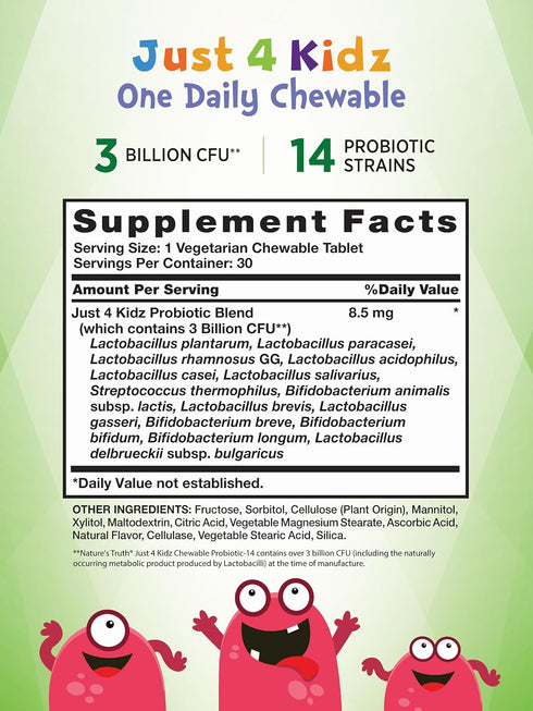 Probiotics for Kids | 30 Chewable Tablets | 3 Billion CFUs | Berry Flavor | Non-GMO & Gluten Free Supplement | by Nature's Truth