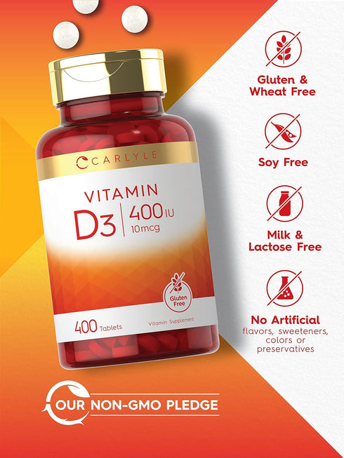 Carlyle Vitamin D3 | 400 IU (10mcg) | 400 Tablets | Vegetarian, Non-GMO, Gluten Free Vitamin D Supplement