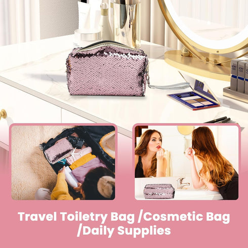 Magic Sequin Travel Cosmetic Bags - Reversible Glitter Makeup Organizer Bag for Women (Pink)