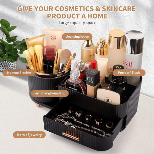 Makeup Organizer for Vanity, Cosmetic Display Case with Drawers for Skincare, Brushes, and Accessories, Black