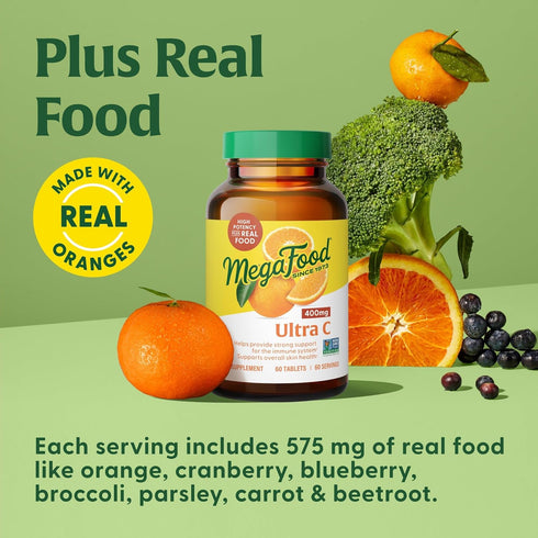 MegaFood Ultra C 400 mg - Vegan Immune Support Supplement with Real Food - 60 Tablets, Gluten-Free