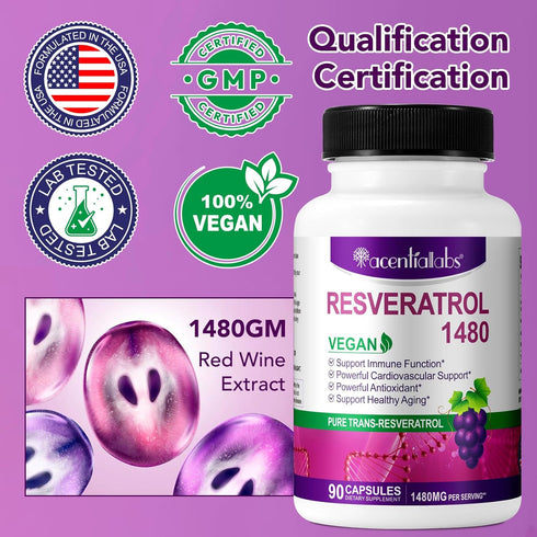 Resveratrol 1,480MG with Quercetin - 90 Vegan Capsules for Healthy Aging, Immune System, Cardiovascular & Joint Support