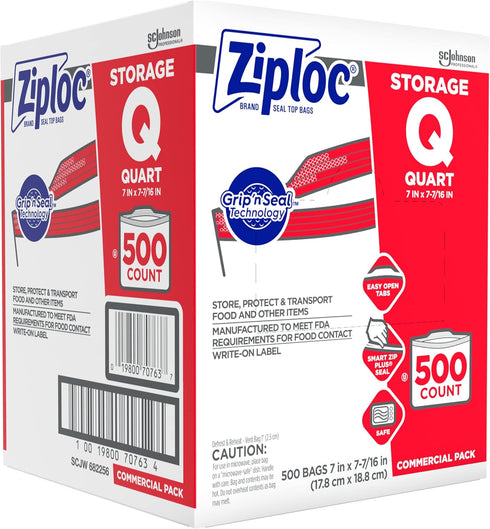 SC Johnson Professional Ziploc Storage Bags, Food Organization & Storage, Double Zipper, Quart, 500 Count