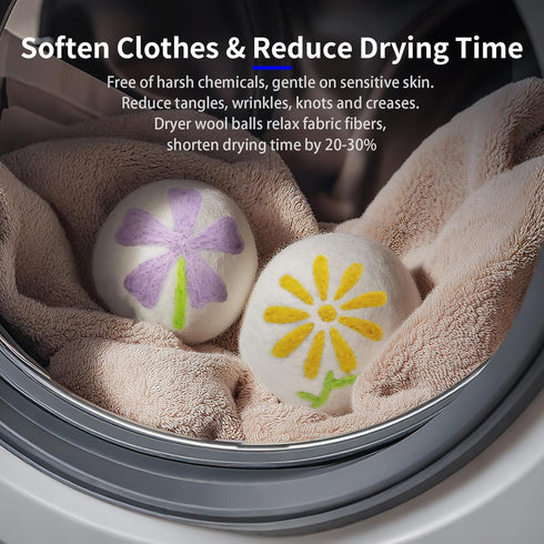 Qiseec 6-Pack Wool Dryer Balls XL - Unique Petal Embroidery, Natural Reusable Laundry Fabric Softener, Reduces Wrinkles