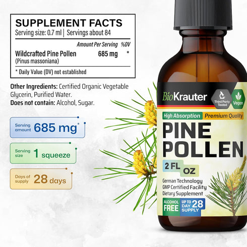 Pine Pollen Tincture - Organic Pine Pollen Powder Liquid Extract for Immune Support, 2 Fl.Oz.