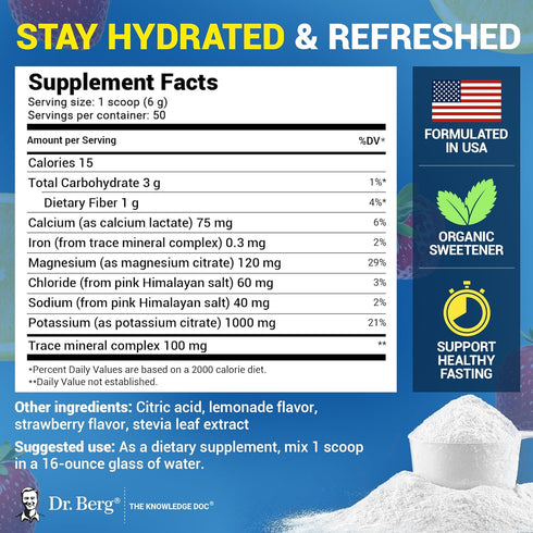 Dr. Berg Zero Sugar Hydration Keto Electrolyte Powder with 1000 mg Potassium & Pink Himalayan Salt - Strawberry