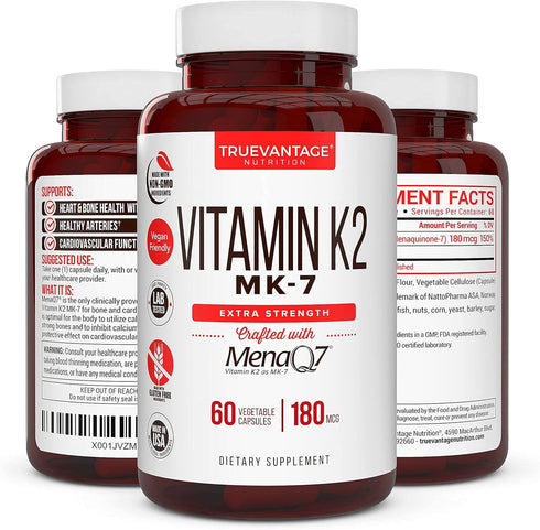 Vitamin K2 MK-7 Supplement 180mcg, Supports Bone & Heart Health, 60 Easy to Swallow Vegetable Caps
