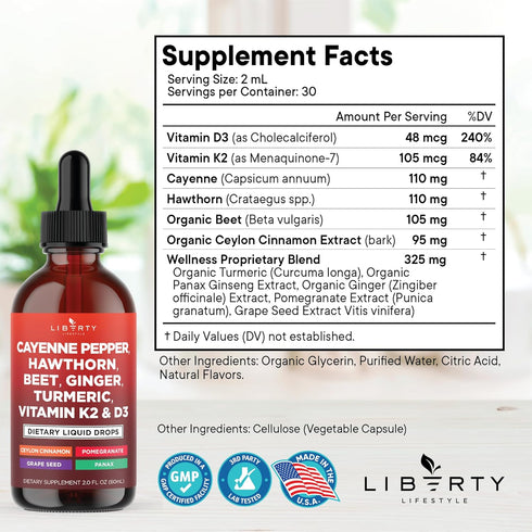 Liberty Lifestyle D3 K2 6oz Cayenne Pepper Supplement Liquid Drops + Hawthorn Berry, Vitamin Beet Root Powder, Ceylon