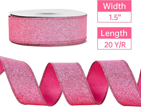 YAMA Glitter Wired Ribbon, Pink, 1-1/2 inch x 20 Yards, for Christmas, Gift Wrapping, Wreath, Crafts, Bow Making and Party Decoration by YAMA